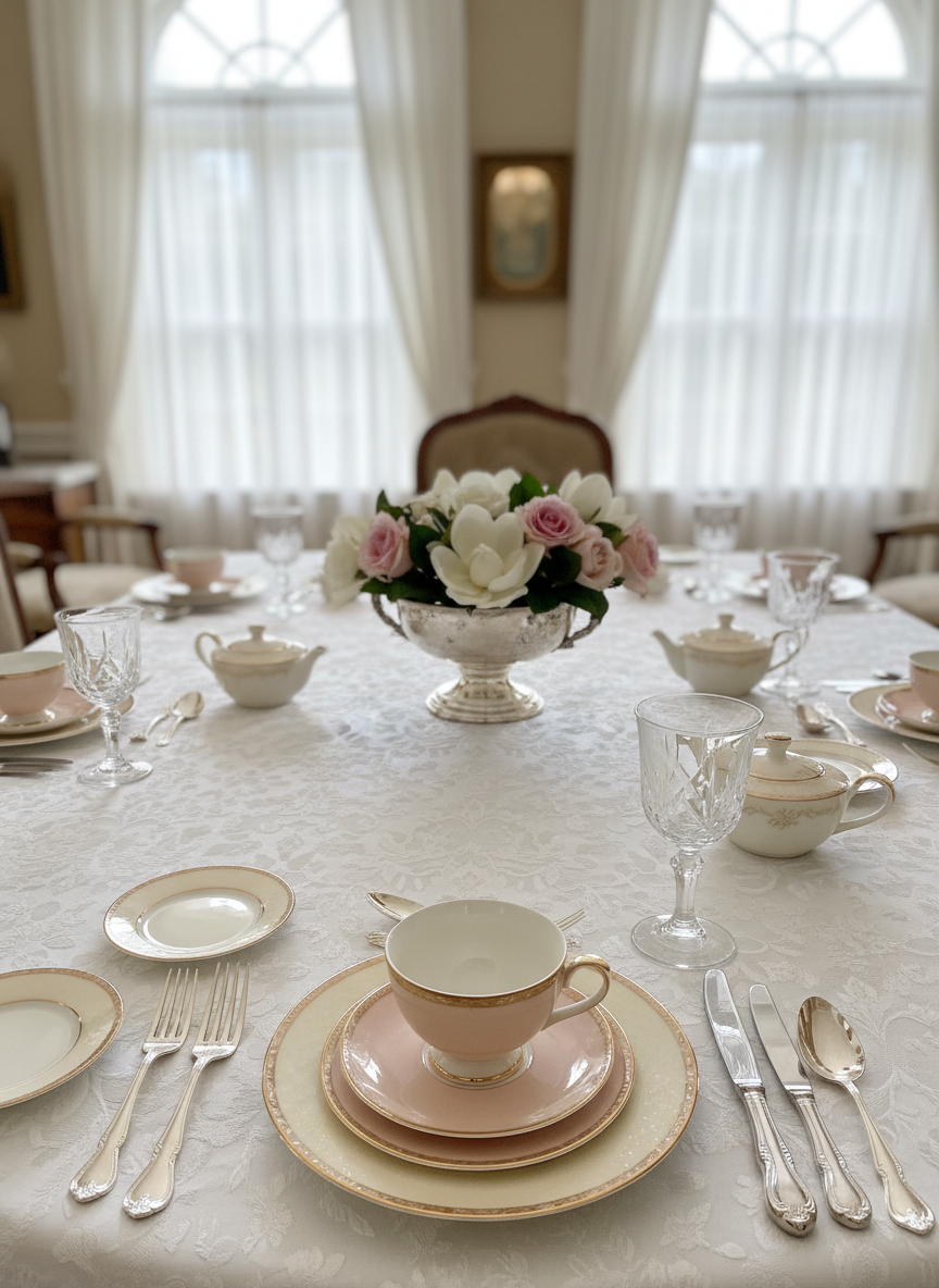 A pristine, formal dining table set for high tea etiquette training, featuring a white linen tablecloth with a subtle damask pattern, fine bone china in soft blush and ivory tones with gold edging, precisely aligned silver cutlery, and crystal stemware that catches the light. A low centerpiece of fresh magnolia blossoms and pale pink roses sits in a silver bowl at the table’s center. Soft, diffused daylight filters through tall windows with sheer curtains, creating delicate reflections on the glass and silver. Captured from a slightly elevated angle in photographic realism, the composition follows the rule of thirds, with the teacup and saucer in sharp focus and the background softly blurred, evoking a serene, refined, and instructional atmosphere ideal for teaching table manners and feminine grace.
