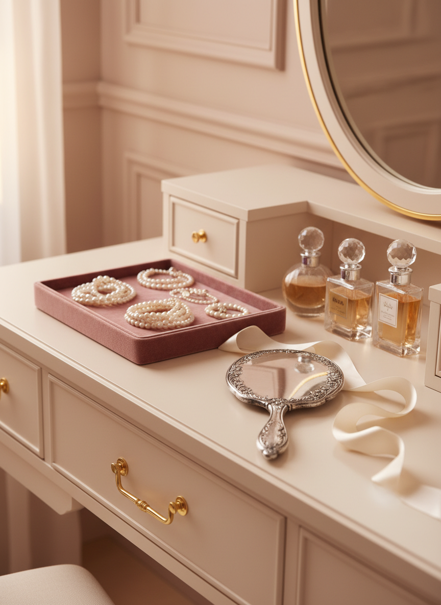 A luxurious, organized vanity setup in a soft blush-toned dressing room, showcasing neatly arranged pearl jewelry in a velvet-lined tray, a vintage silver hand mirror with ornate engraving, glass perfume bottles with faceted stoppers, and a single ivory satin ribbon gracefully draped across the surface. The vanity table is a pale cream lacquer with gold hardware, placed against a paneled wall in muted champagne. Warm, indirect morning light streams from an unseen window, glinting off the mirror edge and crystal perfume bottles, creating tiny, elegant highlights. Shot at a three-quarter angle in photographic realism, with a shallow depth of field focusing on the pearls and mirror, the scene feels intimate, polished, and aspirational, embodying the refined rituals of daily feminine presentation taught at an elite finishing school.