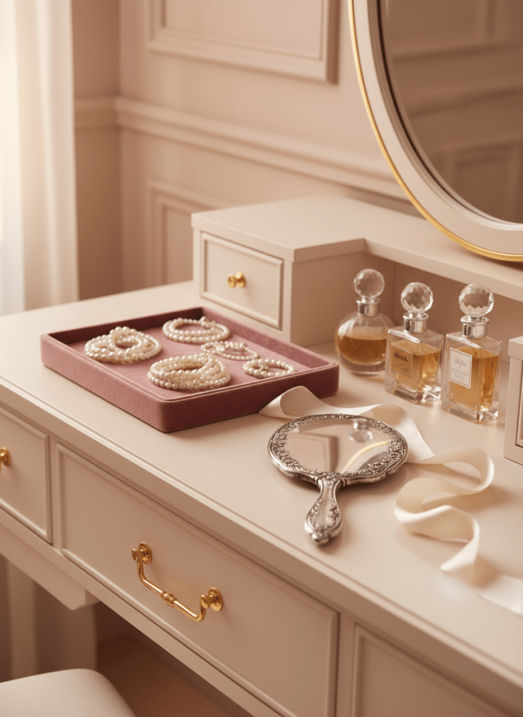 A luxurious, organized vanity setup in a soft blush-toned dressing room, showcasing neatly arranged pearl jewelry in a velvet-lined tray, a vintage silver hand mirror with ornate engraving, glass perfume bottles with faceted stoppers, and a single ivory satin ribbon gracefully draped across the surface. The vanity table is a pale cream lacquer with gold hardware, placed against a paneled wall in muted champagne. Warm, indirect morning light streams from an unseen window, glinting off the mirror edge and crystal perfume bottles, creating tiny, elegant highlights. Shot at a three-quarter angle in photographic realism, with a shallow depth of field focusing on the pearls and mirror, the scene feels intimate, polished, and aspirational, embodying the refined rituals of daily feminine presentation taught at an elite finishing school.