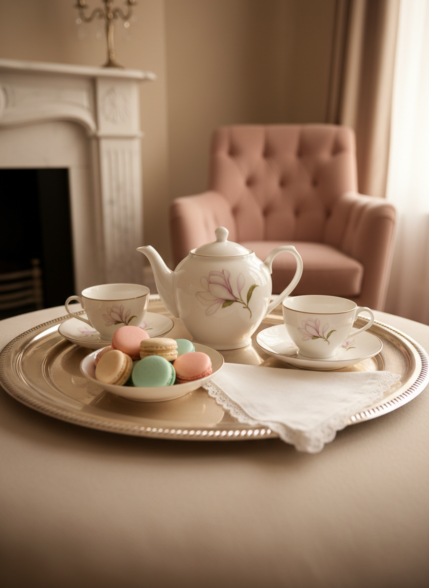 A refined tea tray prepared for a lesson in gracious hosting, placed on a pale cream upholstered ottoman in an elegant sitting room. The silver tray is polished to a mirror finish, holding a white porcelain teapot with delicate magnolia patterns, matching teacups and saucers, a small bowl of pastel-colored macarons, and a lace-edged linen napkin folded with precise symmetry. In the softly blurred background, a tufted blush velvet armchair and a marble fireplace mantle adorned with a single crystal candlestick add context. Late afternoon natural light streams in from the right, catching on the silver and porcelain, creating gentle highlights. Photographic realism, shot at a low, intimate angle with shallow depth of field, evokes a warm, inviting, and sophisticated mood, ideal for illustrating refined domestic arts and feminine hospitality.