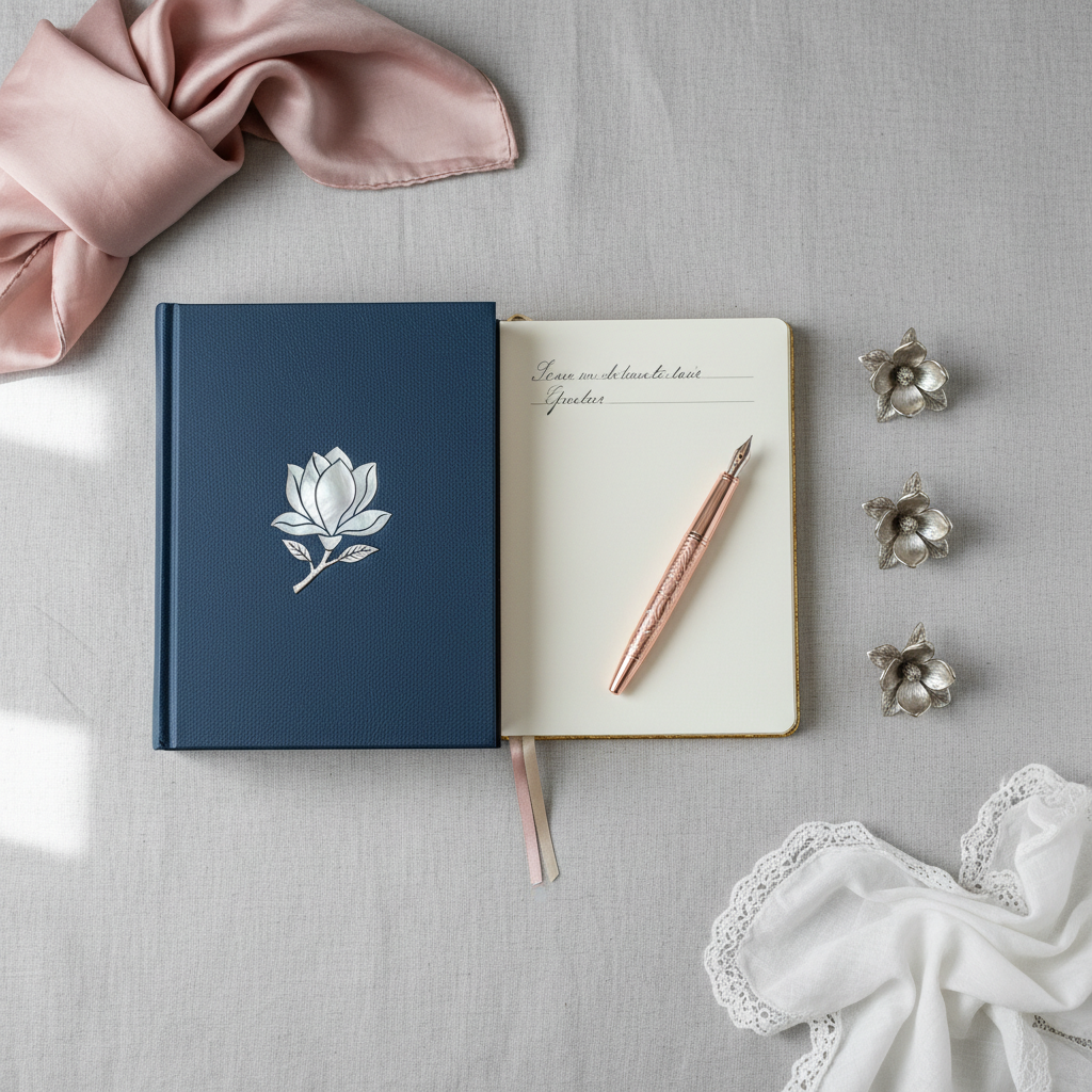A close-up of a carefully curated etiquette study kit laid out on a pale dove-gray linen surface: a hardbound etiquette textbook with a magnolia emblem on the cover, an elegant cream-colored notebook with gold-edged pages slightly open, a slim rose-gold fountain pen, and a set of polished silver place-card holders shaped like tiny magnolia blossoms. A folded blush silk scarf and a delicate lace-edged handkerchief frame the composition. Gentle overcast window light from the left creates soft, even illumination with minimal shadows, highlighting the textures of metal, paper, and fabric. Photographic realism, shot from directly above for a flat-lay composition with balanced spacing, creates a calm, studious, and sophisticated mood, ideal for representing online course materials in refined feminine etiquette.